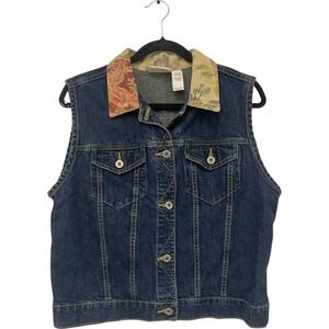 Liz Claiborne Denim‎ Jeans Vest Womens Size Large Blue Button Up Floral Collar